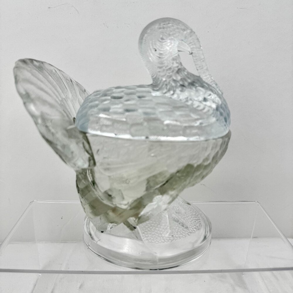 Vtg LE Smith 7.5" Clear Glass Turkey Lidded Gravy Candy Dish Thanksgiving Decor